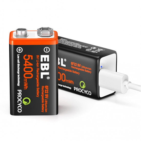 EBL Baterías Recargables 9V 5400 mWh USB