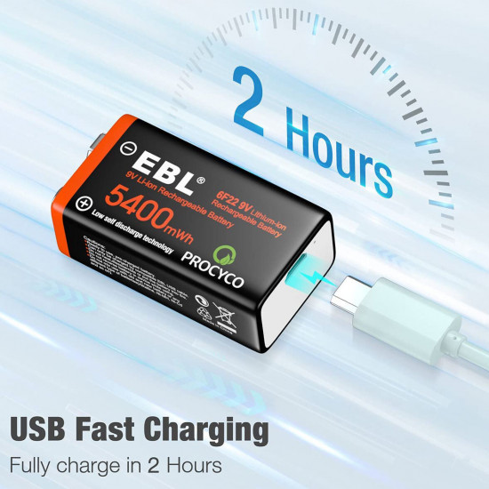 EBL 4 Baterías Recargables 9V 5400 mWh USB 