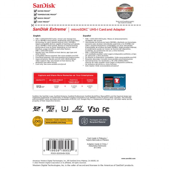 SanDisk microSDXC 512GB Extreme UHS-I Tarjeta de memoria V30